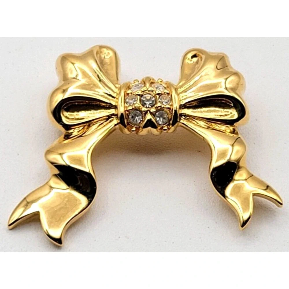 JOAN RIVERS GOLD‎ TONE CLEAR RHINESTONE MINI BOW BROOCH PIN PENDANT  SIGNED